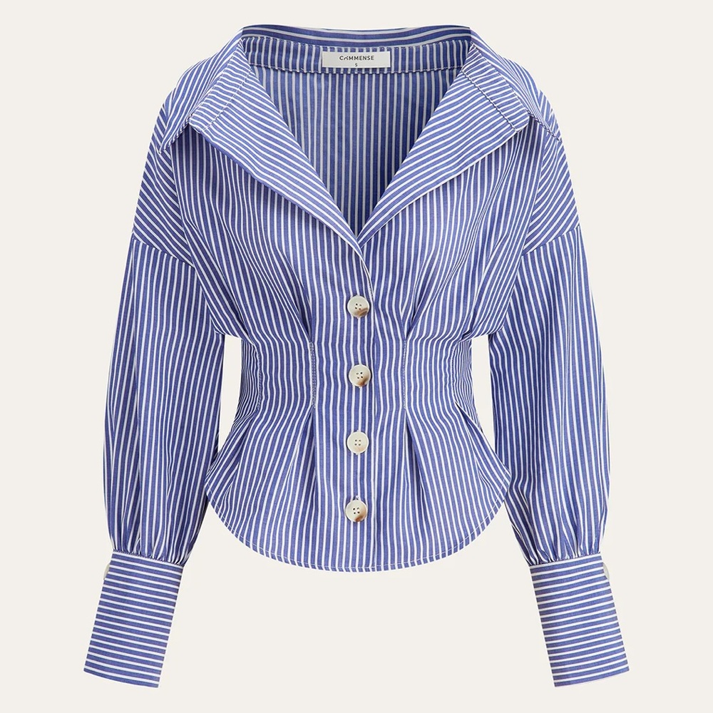 Striped Collared Shirt with Waist-Cinching Design